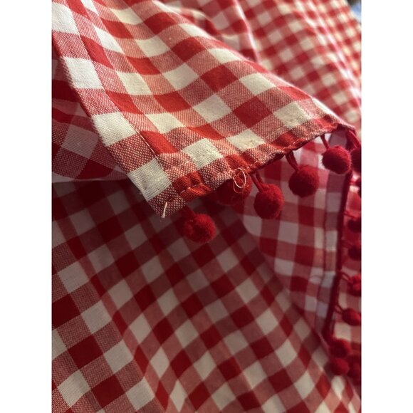 Two Pioneer Woman Red & White Pom Tassled Window Panels 34.5" gingham - Picture 3 of 13